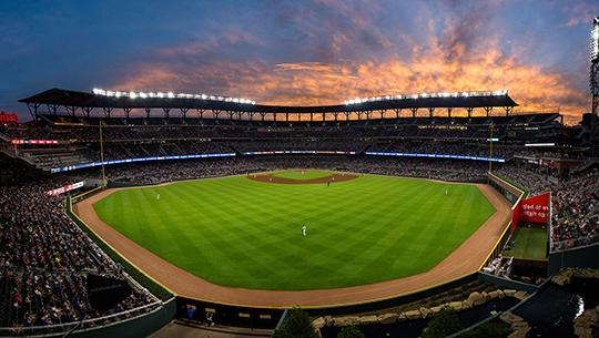 Baseball stadium at dusk